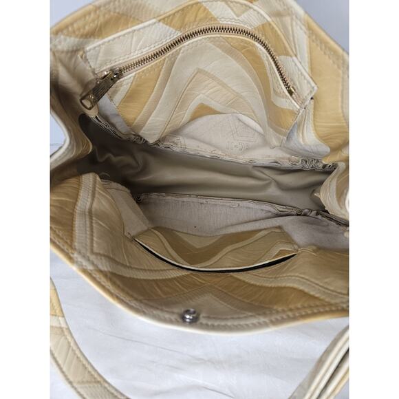 Vintage 70s Handmade Cream Tan Leather Tote Handbag Purse Shoulder Bag Chevron - Picture 7 of 7